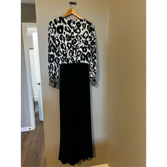MSK Women’s Size Small Wide Leg Jumpsuit Black White Animal Print Tie Waist - Picture 10 of 12